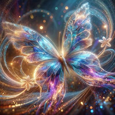 The primary subject of the image is a blue butterfly with a purple wing. The butterfly is surrounded by a vibrant and colorful background, which includes a mix of blue, purple, and yellow hues. The visual style of the image is a combination of digital art and illustration, creating a unique and eye-catching scene. The overall atmosphere of the image is lively and full of energy, with the butterfly as the central focus.